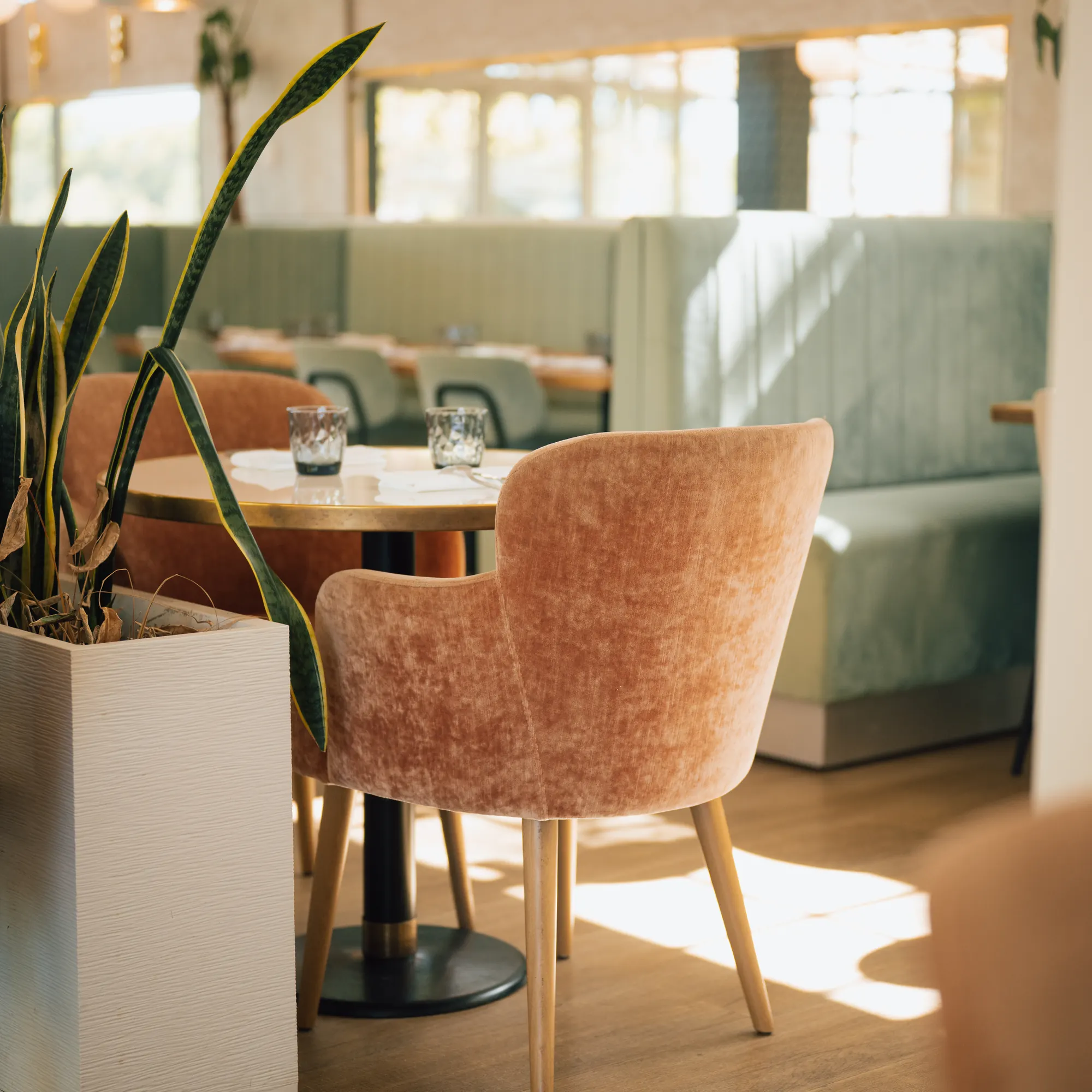 Banquettes et tables de la Brasserie, ouvertes sur l'extérieur